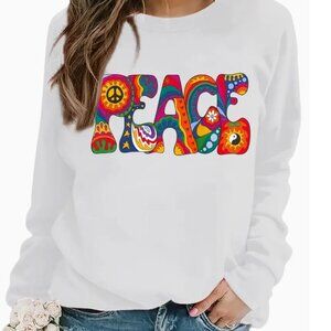 Large - Peace Print Sweatshirt, Casual Long Sleeve, Crew Neck Sweatshirt